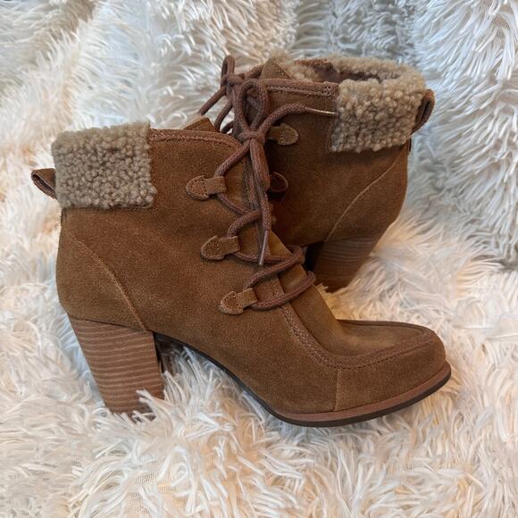 Ugg Annalise Chestnut Lace Up Suede and Sheepskin Heeled Booties Size 6 - Picture 11 of 13